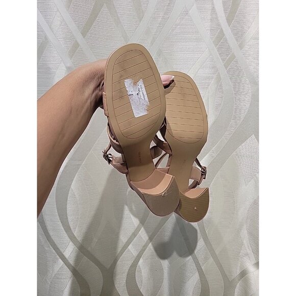 Kenneth Cole Nude Lessia Criss Cross Strappy Leather Open Toe Block Heel Sandals - Picture 6 of 7